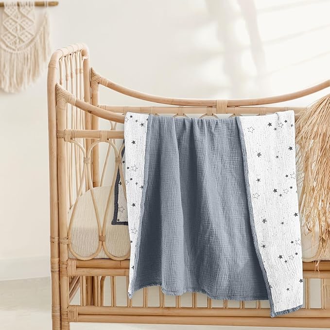 lulumoon Muslin Baby Blanket - Cotton Toddler Blankets for Cribs - Quilt Nursery Blanket for Baby Boys and Girls 47"x47"(Starry Sky Gray)