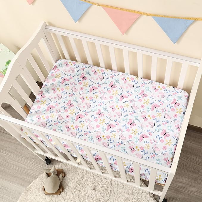 PHF 3 Pack Soft Mini Crib Sheets, Butterfly Pack N Play Sheets for Baby Girls, No Slip Universal Fit for Pack N Play, Playard, Portable and Mini Crib Mattresses, Butterfly