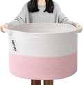 Large Blanket Basket for Organizing,115L Closet Organizers and Storage Bins Box for Shelves Woven Rope Storage Baskets,Living Room,Bedroom,Dorm,Laundry room (White&Pink)