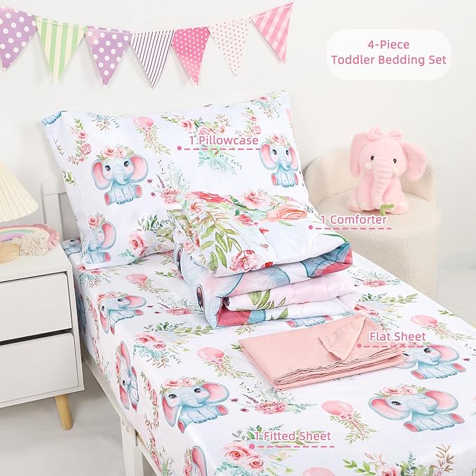 Toddler Bedding Set for Girls, Kids Comforter Set Pink Reversible, Ultra Soft & Lightweight Crid Bedding Set Includes Comforter, Flat Sheet, Fitted Sheet, Pillowcase (Elephant)