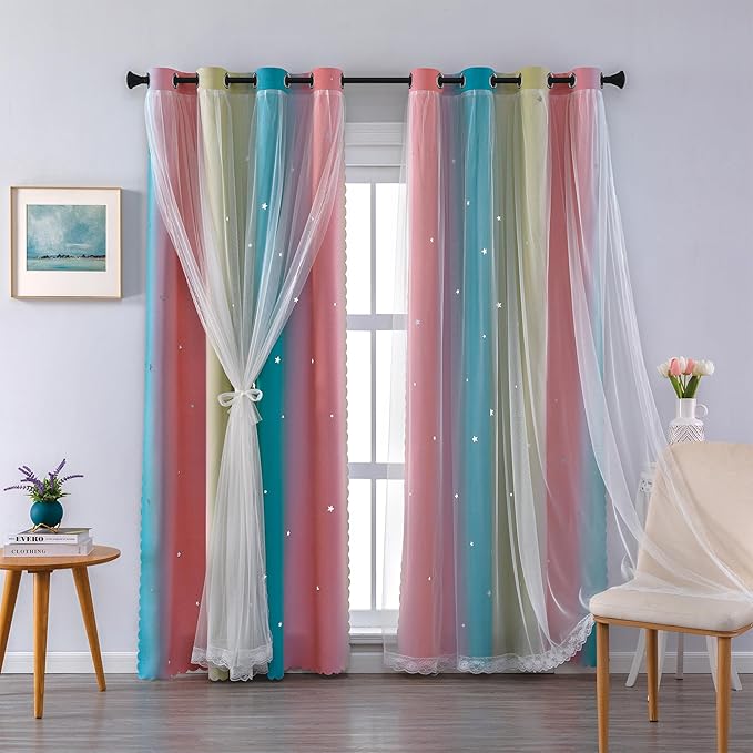 XiDi Girls Curtains for Bedroom 90 Inches Long 2 Panels Pink Blue Yellow Rainbow Blackout Curtains for Little Girl Kids Room Decor Living Room, Princess Unicorn Wall Decals Drapes 52x90
