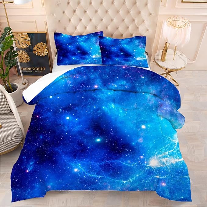 kxry Blue Galaxy Space Comforter Set King Size Outer Space Starry Sky Universe Bedding Sets for Girls Teens Kids Soft Microfiber Lightweight Comforter Set with 1 Comforter + 2 Pillow Cases