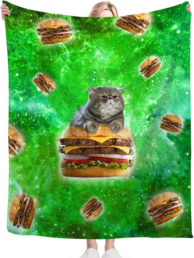 Tijuboni Hamburger Cat Throw Blanket Funny Cat Gifts for Girls Boys Women Men Kids Adults Soft Flannel Fleece Blanket for Couch Sofa Bed Home Decor 60"x80"