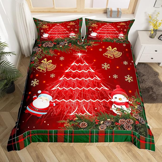 Feelyou Christmas Bedding Set Kids Cartoon Santa Claus Comforter Cover Set for Boys Girls Christmas Tree Xmas Theme Duvet Cover Breathable Snowman Bedspread Cover Room Decor Quilt Cover Twin Size