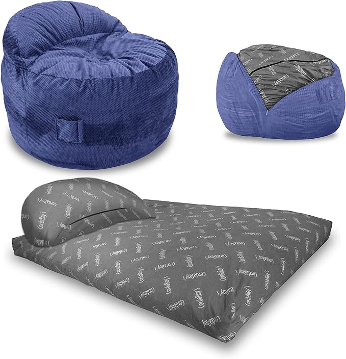 CordaRoy's NEST Gaming Bean Bag Chair-Convertible Bean Bag Chair -Washable Chenille Cover with Pockets for Remote,Controllers-for Living Room,Basement-Queen Size-Navy|Made in The USA