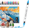 Acrylic Paint Markers, 12 Colors Dual Tip Acrylic Paint Pens, Water-Based No-Bleed Markers with Automatic Ink Control System, Bullet & Brush Tip, Works on Paper, Wood, Ceramic, Rock,813-12pcs