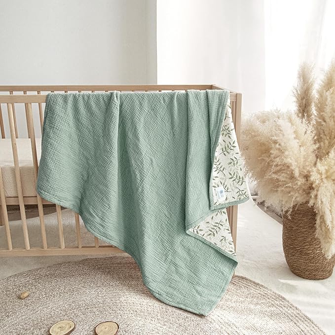 lulumoon Baby Muslin Blanket Neutral: Skin-Friendly Leaf Toddler Blanket - Ideal for Stroller 47"× 47" (Green Branches)