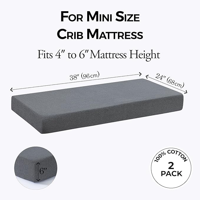 Dreamology Mini Crib Fitted Sheets, 100% Cotton Crib Sheets for Boys, Girls,Mini Crib Mattress Sheet,Baby Crib Sheets, Pack and Play Sheets,38x24 Mini Crib Sheet Fitted | Grey and Silver Grey