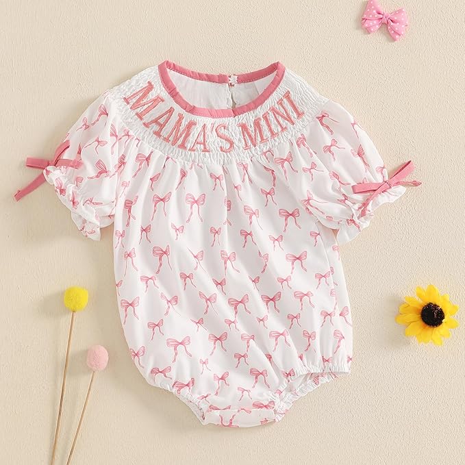 Newborn Baby Girl Romper Mamas Mini Bow Plaid Print Puff Sleeve Smocked Bubble Romper Jumpsuit Bodysuit Clothes