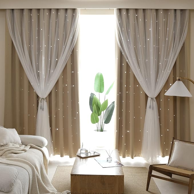 Kinryb Kids Blackout Curtains for Bedroom/Living Room/Classroom, Sheer Overlay 2 Panel Set, Double Layer Curtains with Star Cutout for Kids Room(Each Piece W 70 x L 63 Inches 2 Pcs Beige)