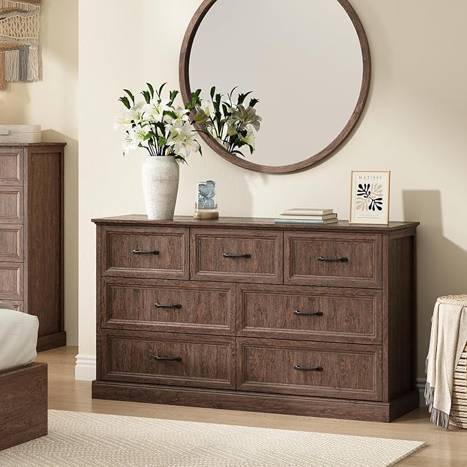 CARPETNAL Farmhouse Dresser and Nightstand Sets for Bedroom, 3 Pcs Bedroom Set, 7 Drawer Dresser & Nightstand Set of 2, Modern Wood Chest of Drawers for Bedroom, Living Room, Entryway, Brown