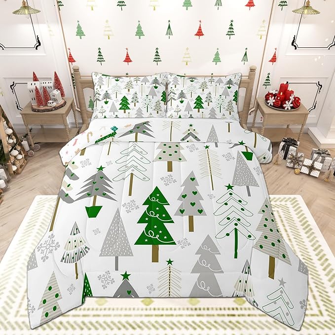 Castle Fairy Xmas Trees Comforter Set King Size,Merry Christmas Pine Hand Drawn Bedding Set All Season Quilt Set,Green Plant Snowflakes Winter Microfiber Polyester Down Comforter