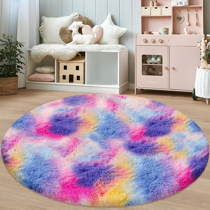 5 ft Soft Rainbow Rug for Girls Room, Fluffy Shaggy Princess Circular Big Rug Colorful Carpet for Kids Teens Toddler Playroom Nursery Reading Nook, Home Decor，Hot Pink