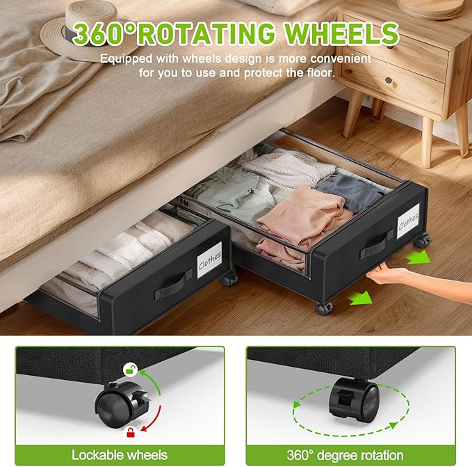 Beborxue Under Bed Storage with Wheels, 2-Pack Under the Bed Storage Containers with Lids, XXL 60L Under Bed Shoes Storage Organizer Bins, Rolling Underbed Storage for Clothes, Shoes, Blankets (Black)
