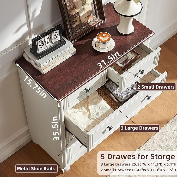 Farmhouse 5 Drawer Dresser for Bedroom, 35.5" Tall Small Dressers & Chest of Drawers, Rustic Wood Dresser with Roman Column, Storage Organizer for Living Room, Hallway, Closet (White)