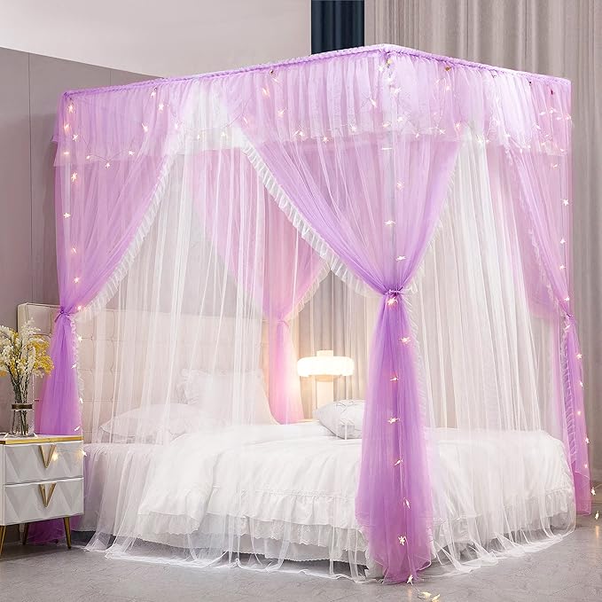 VETHIN 4 Corners Post Ruffle Princess Bed Canopy Curtain-Double Layer Cozy Drape Netting 4 Opening Mosquito Net for Girls Adults Bedroom Decoration (Double-Purple, 53" W*78" L*82"*H/(Full))