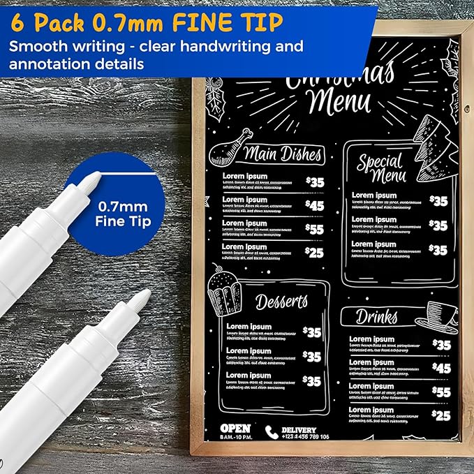 SFAIH Liquid Chalk Markers for Bhalkboard - White 6 Pack 0.7mm Fine Tip, Wet Erase Chalk Marker for Chalkboard, Menu, Bistro, Signs, Windows, Glass, Labels, Dust-Free [1s Wet Wipe] - No Residue