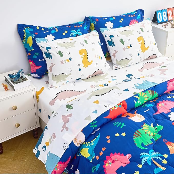 Wajade 7 Piece Kid Boys Dinosaur Comforter Set Full Size 3D Blue Dinosaur Wild Park Jungle Print Bedding Set with Comforter, Sheet Set, Pillowcase and Sham