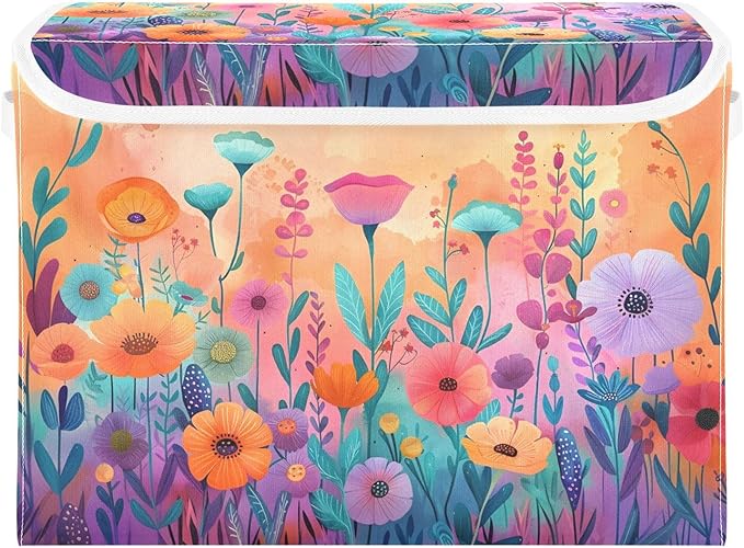 senya Large Storage Bins with Linen Collapsible Foldable Storage Cubes Fabric Closet Organizer Containers box with Flip-Top Lid for Home Bedroom Office 16.7 x 12.6 x 11.8in (Wildflowers Colorful)
