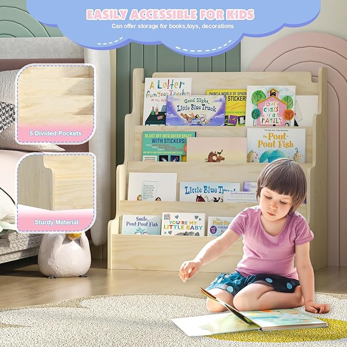 NACHES Kids Bookshelf Wooden 4 Tier Scalloped Bookshelf Toddler Montessori Bookcase Children Front Facing Display Book Shelves for Nursery Kids Room Reading Room Bedroom Classroom