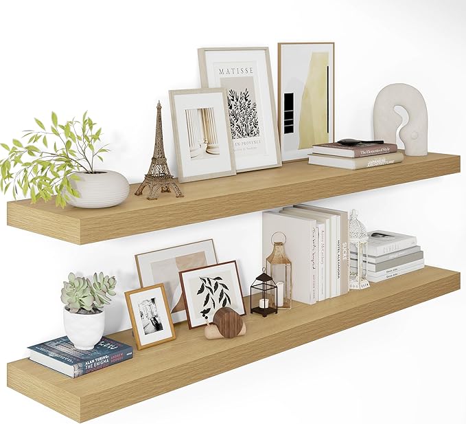 Vivelove 12 Inch Deep Floating Shelves 48 inch Long, 2 Inch Thick Wall Shelves with Invisible Brackets, Shelf for Bedroom Bathroom Living Room Kitchen Office Home Decor, Modern Shelf Set of 2, Oak