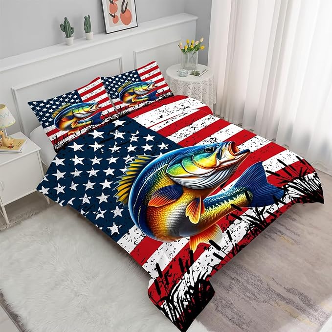Fisherman Comforter Set King Size American Flag Bedding Set for Men Boys Teens Fishing Lover Bedroom Bass Fish Farmhouse Bed Set Wild Quilted, 1 Comforter 2 Pillowcases