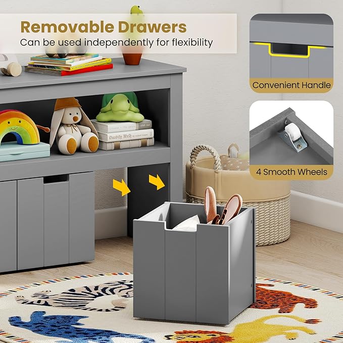Costzon Toy Storage Cabinet, Toy Chest w/ 3 Removable Drawers, Wheels & Spacious Tabletop, Toddler Storage Organizer for Kids Room, Playroom & Nursery (Grey, 13" D x 40" W x 24.5" H (3 Drawers))