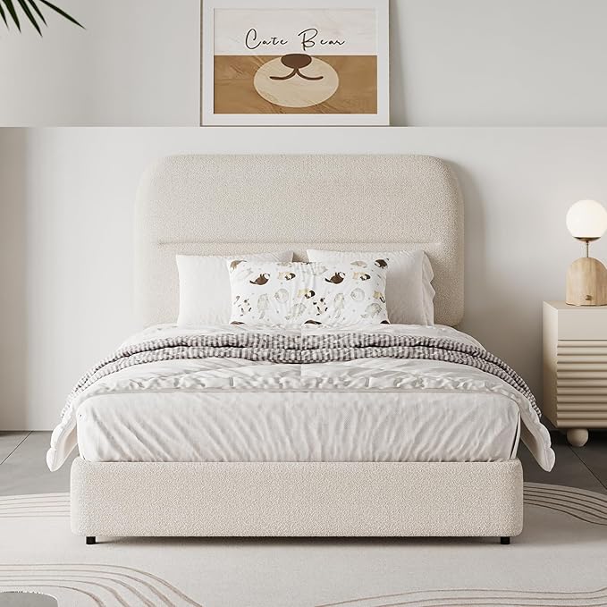 HOMBCK Twin Bed Frames with Headboard, Twin Size Boucle Upholstered Bed Frame for Kids, Soft Rounded Corners, Wooden Slats Support, No Box Spring Required, Easy Assembly, Cream