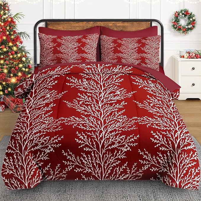 7 Pcs Full Size Christmas Comforter Set with 2 Pillowcases & 2 Shams, Red Botanical Bedding for Kids and Adults, Winter Tree Branch Bed in a Bag with Flat Fitted Sheet