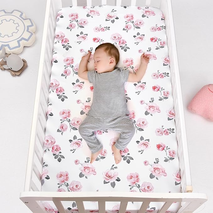 PHF 3 Pack Soft Rose Floral Crib Sheets Fitted, Silky Comfy Breathable Baby Sheets for Boys Girls, 28x52 Inches Fits Standard Crib and Toddler Mattresses, Pink Floral