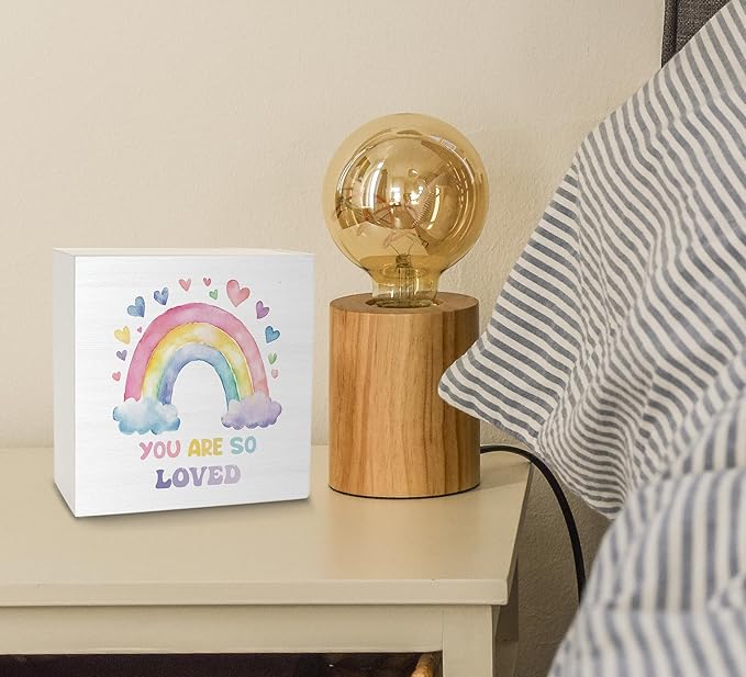 Ku-Dayi Boho Rainbow Wooden Box Sign, Inspirational Wood Box Decorative Accessories for Girls Kids Nursery Bedroom Room Playroom, You Are So Loved Wooden Block Plaque Desk Shelf Decor 5x5 Inch
