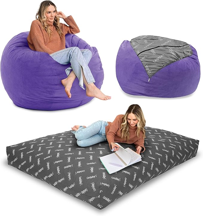 CordaRoy's Chenille Bean Bag-Convertible Bean Bag Chair-Machine-Washable Chenille Fabric Cover-for Basement,Living Room,Game Room,Dorm & More - Full Size - Very Peri Purple | Made in The USA