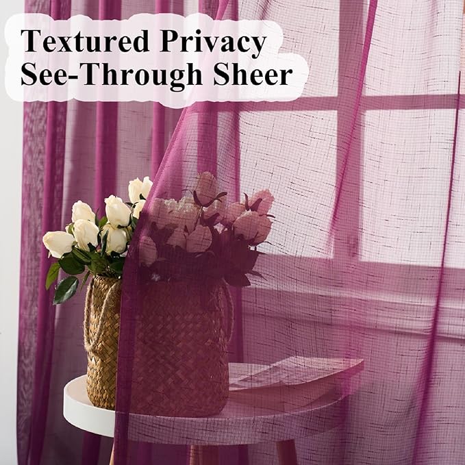 Plum Purple Curtains Sheer 96 Inches Long, Dark Linen Look Textured Light Filtering Drapes Decor, Rustic Eggplant Transparent Window Treatments, Pinch Pleat Curtain with Hooks