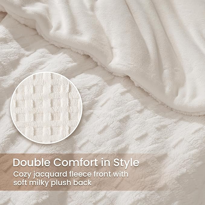 Amélie Home Waffle Comforter King Set, Jacquard Design Fleece Bed Set, Super Soft Plush Bedding Set for Winter, Beige, 3 Pieces, 1 Cozy Comforter and 2 Pillowcases