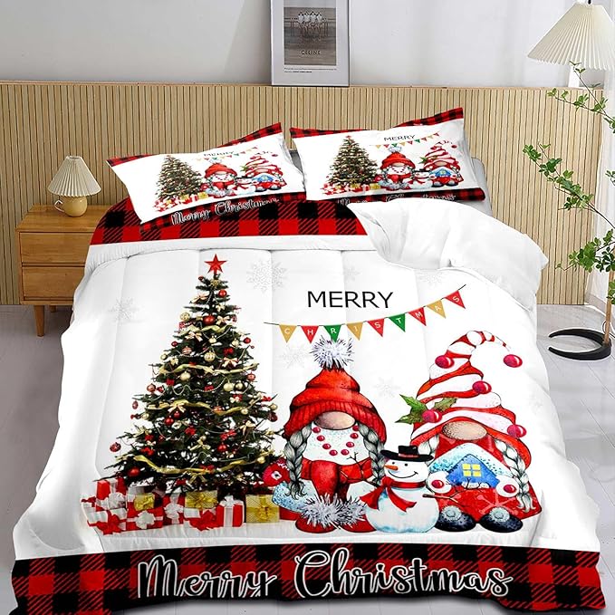 LUVIVIHOME 3PCS Merry Christmas Comforter Set Full Size, Funny Gnome Bedding, Red & Black Plaid Snowflake Snowman Xmas Christmas Bedroom Decor for Kids Girls Boys Teens, White Quilt, 2 Pillow Cases