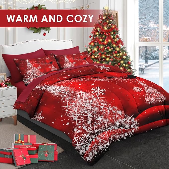 7 Pcs Queen Size Christmas Comforter Set with 2 Pillowcases & 2 Shams, Glitter Pine Tree Bedding for Kids and Adults, Winter Elegant Snowflake Bed in a Bag with Flat Fitted Sheet