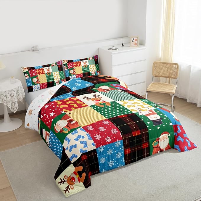 Feelyou Patchwork Christmas Bedding Set Soft for Boys Girls, Santa Claus Reindeer Comforter Set Toddler Size Snowman Duvet Quilt Microfiber Snowflake Bedroom Decor 2 Pcs with 1 Pillow Cases
