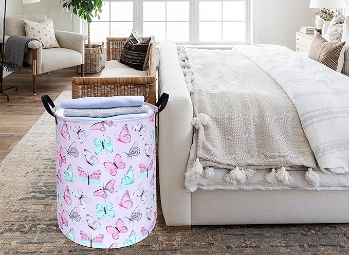 KUNRO Round Laundry Gift Basket Storage Hamper, Kids Toys and Clothes Storage Organizer Bins, Toy Shelf Basket with Handles for Room Decor (Purple Butterfly)