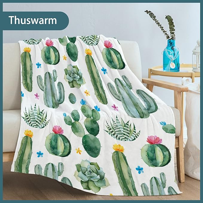 Thuswarm Cactus Flower Succulent Flannel Blanket for Autumn Winter Gifts Warm Cozy Soft Funny Print Throw for Bed Couch Sofa 50”×40” Small for Kid