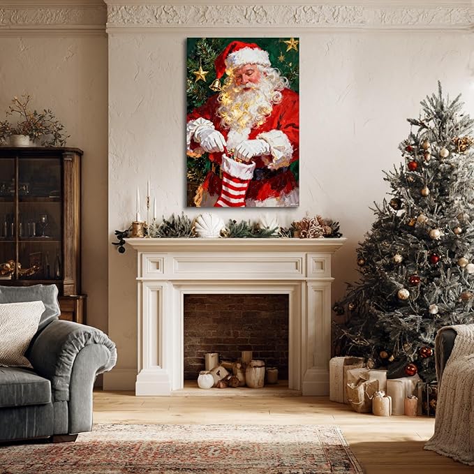 YONICA Christmas Canvas Wall Art Stocking Santa 24x32 Inch Oil Painting Filling Christmas Sock - Large Framed Gallery Wrapped Family Tradition