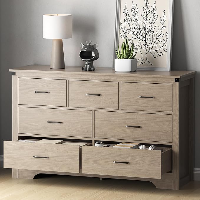 Farmhouse 7 Drawer Dresser for Bedroom, 51" Wide Chest of Drawers, Wooden Dresser TV Stand, Storage Dressers Organizer for Bedroom, Living Room, Hallway, Light Rustic Oak