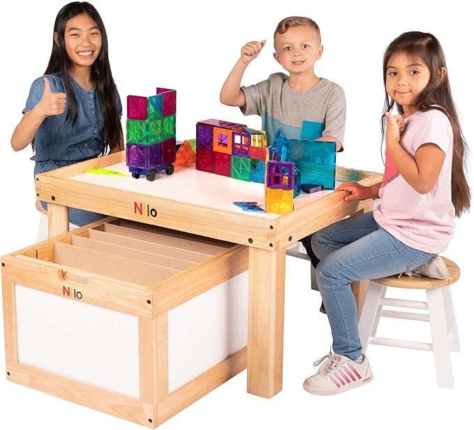 NILO Kids Activity Table Set with Two Double-Sided Baseplates/Boards/Mats (N34 Play Table with Holes, 24x32x20 and 2X Blue Base Plates 12x32)