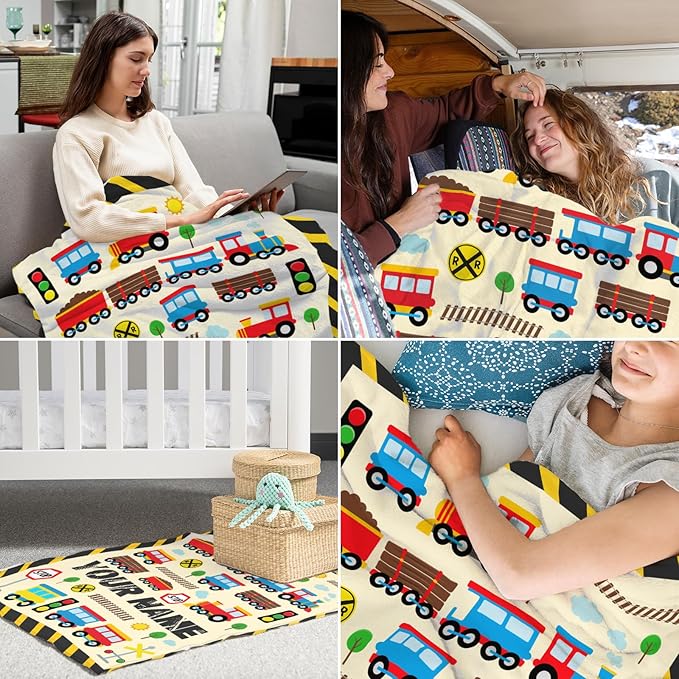 Personalized Train Blanket for Boys Kids - 40" x 50" Inches Cartoon Train Blanket Gifts - Yellow Warm Soft Flannel Throw for Crib, Couch, Sofa