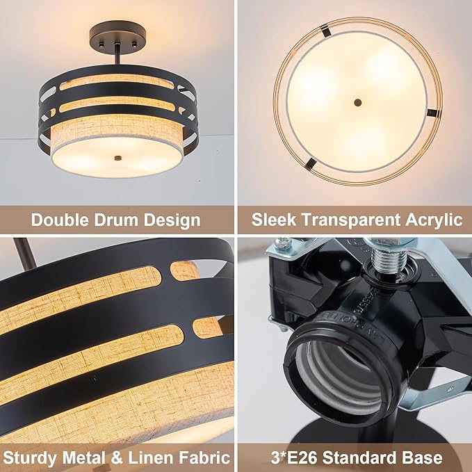 12.6” Drum Semi Flush Mount Ceiling Light Fixture 3-Light Black Fabric Ceiling Lights with Linen Shade, Farmhouse Close to Ceiling Lighting for Bedroom Hallway Kitchen Entryway Foyer Dining Room