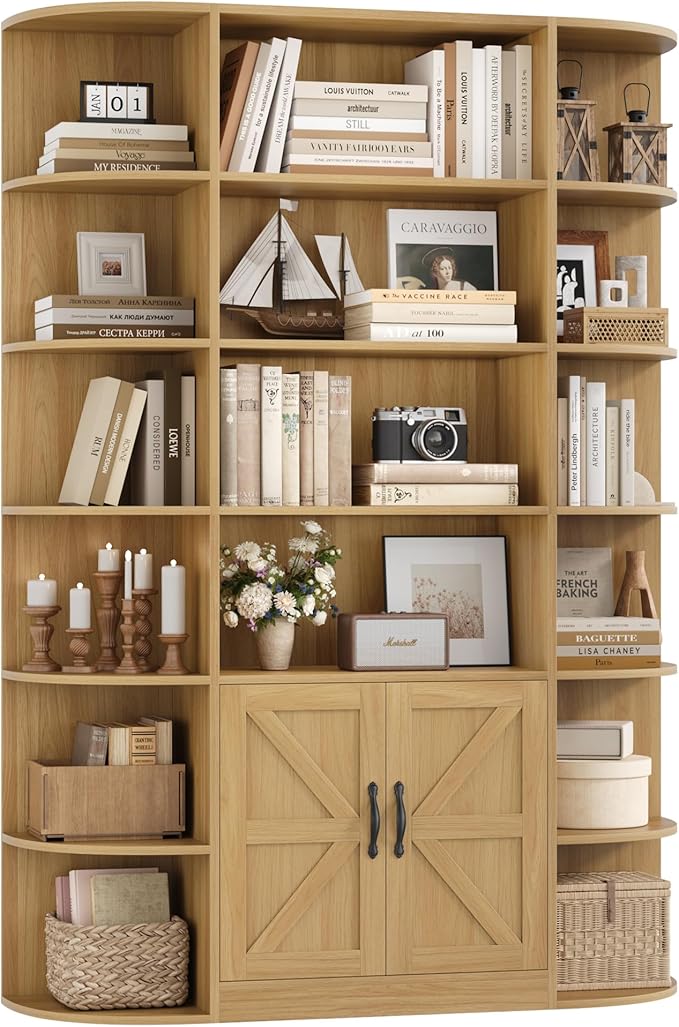 HOSTACK 75" Tall Book Shelf and Bookcase, 6 Tier Bookshelf with Storage, 47" Wide Bookcase with Door, Freestanding Wood Display Shelves with Book Storage Cabinet for Office, Living Room, Natural Oak