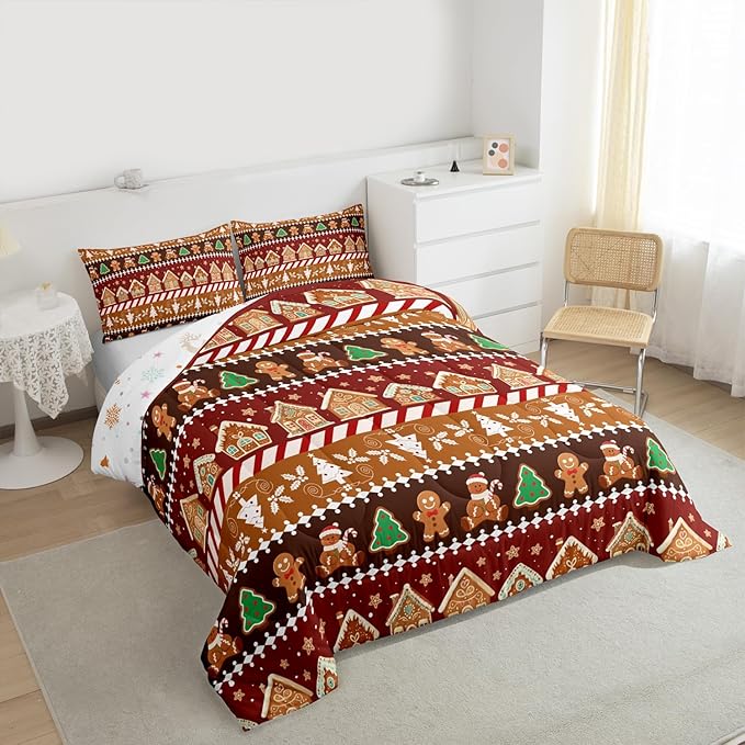 Feelyou Merry Christmas Comforter Set King Size Greenland Home Bedding Set for Kids Boys Girls Xmas Tree Duvet Quilt Striped Bedroom Decor Microfiber 3 Pcs with 2 Pillow Cases