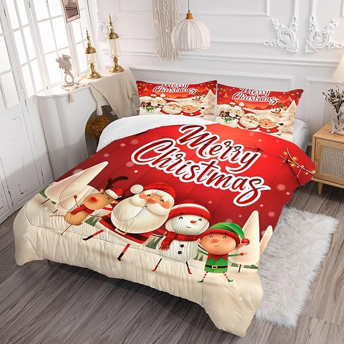 Christmas Comforter Sets Queen Size Xmas Santa Gnomes Bedding Sets Snowing Santa Claus Quilt for Bedroom,1 Comforter + 2 Pillow Cases