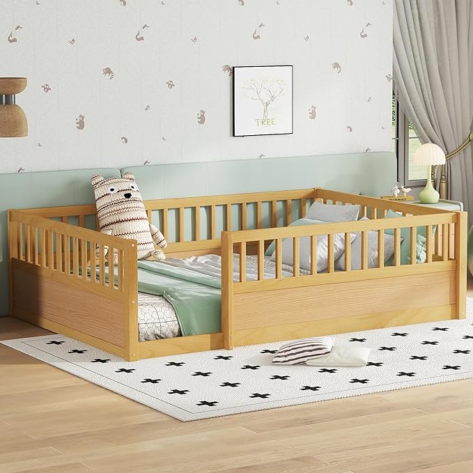 Harper & Bright Designs Full Floor Bed Frame, Wood Kids Floor Bed with High Guardrails, Montessori Floor Bed Full with Opening Door for Boys, Girls, Kids, Solid Wood Structure, Natural