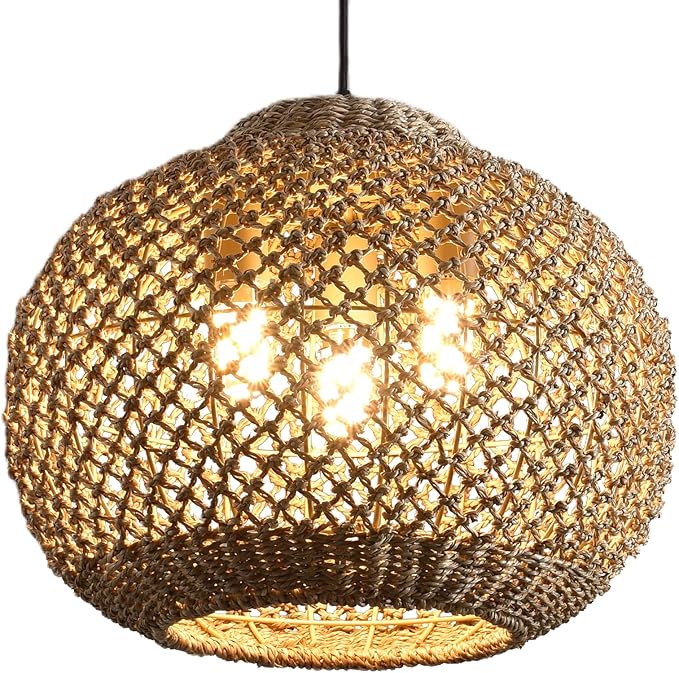 17" Woven Rattan Ceiling Pendant Light Fixture 3-Light Boho Coastal Brown Wicker Hanging Lighting of Kitchen Island Farmhouse Dining Room Entryway Foyer