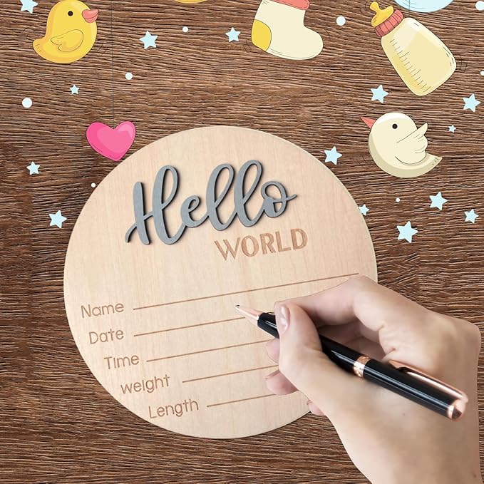 Baby Announcement Sign, 5.9 Inch Wooden Hello World Newborn Signs, Birth Announcement Sign, Baby Shower Hospital Nursery for Newborn Boys and Girls (Gray,Pen)